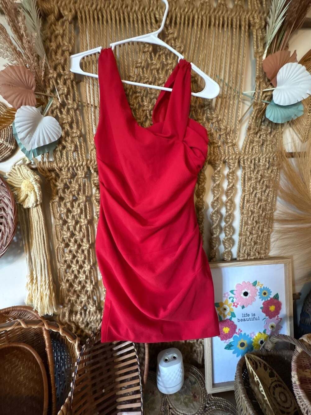 For Love & Lemons Red One Shoulder Ruched Mini Dress